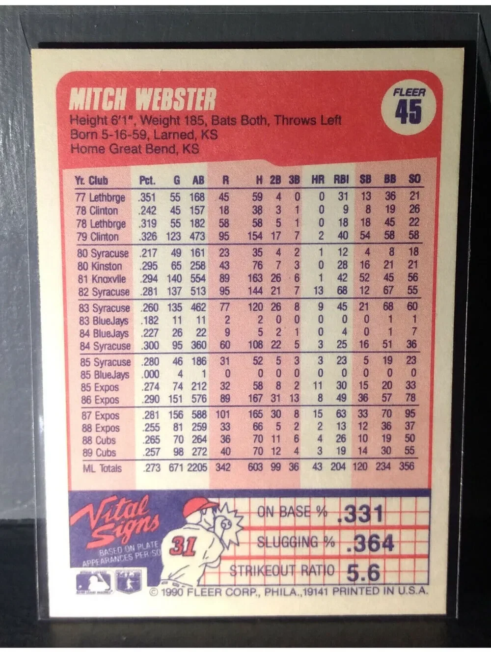 1990 Mitch Webster Fleer Baseball Card #45